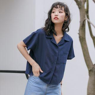 Short-sleeve Plain Shirt Navy Blue - One Size