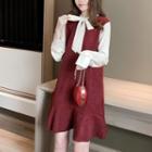 Mock Two-piece Long-sleeve Dress Wine Red - One Size