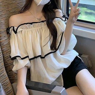 Puff-sleeve Off-shoulder Contrast Trim Blouse White - One Size