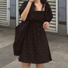 Floral Short-sleeve Mini A-line Dress Black - One Size