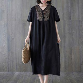 Short-sleeve Print Panel Midi A-line Dress Black - One Size