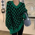 V-neck Plaid Sweater Green - One Size