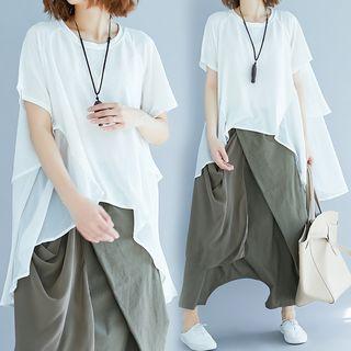 Plain Short-sleeve Chiffon Blouse White - One Size