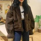 Fleece Trim Single-breasted Jacket Dark Brown - One Size