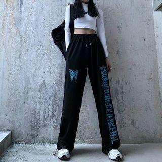 Mid Rise Lettering Loose Fit Pants