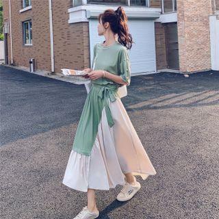 Short Sleeve Two Tone Midi A-line Dress