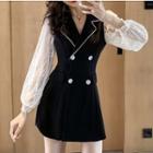 Double-breasted Mesh-panel Mini A-line Coat Dress