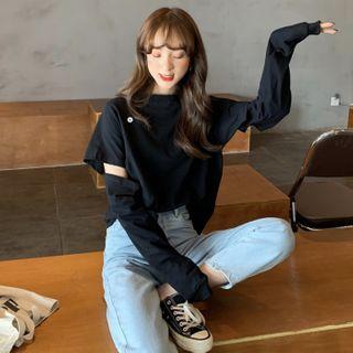 Long-sleeve Ripped T-shirt Black - One Size