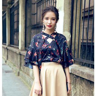 Cross Neck Floral Ruffle Top