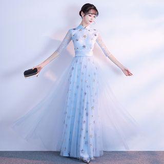 Elbow-sleeve Star Sequined A-line Mesh Evening Gown