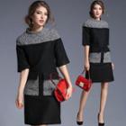 Elbow-sleeve Straight Woolen Sheath Panel Dress