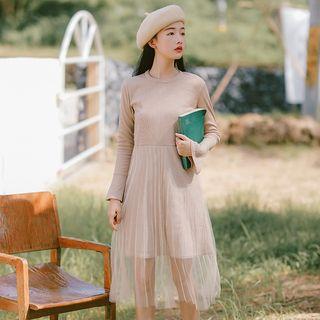 Mesh Panel Long-sleeve Knit Dress Mauve Pink - One Size