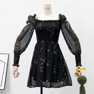 Square-neck Printed A-line Dress Black - One Size