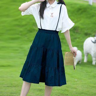 Set: Elbow-sleeve Embroidered Shirt + Suspender Skirt