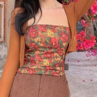 Floral Print Tube Top / Cardigan / Corduroy Midi Skirt