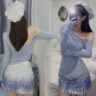 Cold Shoulder Long-sleeve Top / Sequined Mini Skirt