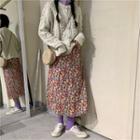 Long-sleeve Plain Top / Midi Floral A-line Skirt / Cardigan