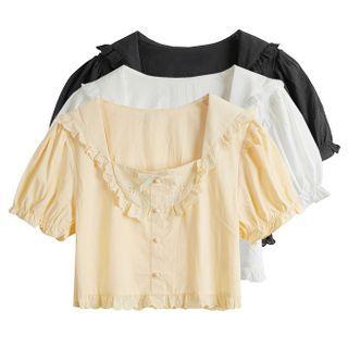 Puff Sleeve Lace Trim Plain Blouse