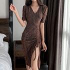 Short-sleeve V-neck Plain Drawstring Slit Dress
