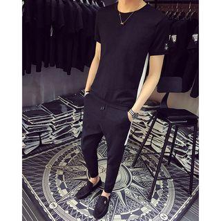 Set: Contrast Trim Short-sleeve T-shirt + Slim-fit Pants