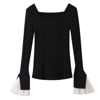 Square-neck Flare-cuff Ribbed Knit Top