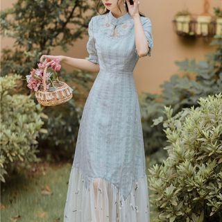 Elbow-sleeve Mesh Panel Maxi A-line Qipao Dress
