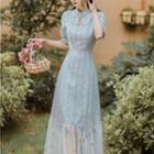 Elbow-sleeve Mesh Panel Maxi A-line Qipao Dress