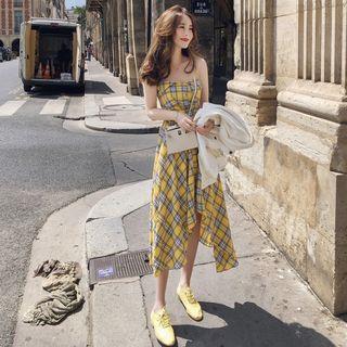 Spaghetti-strap Plaid Asymmetric A-line Midi Dress