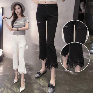 Fringed Ripped Boot Cut Cropped Jeans