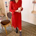 Bishop-sleeve Floral A-line Dress Red - One Size