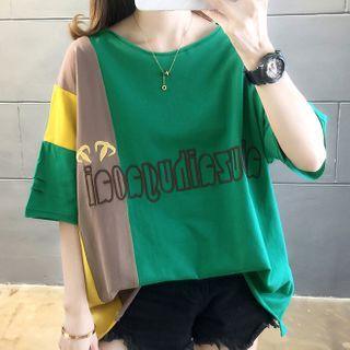 Oversize Elbow-sleeve Color Panel Printed T-shirt