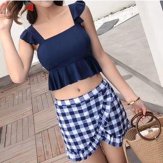 Set: Frill-trim Swim Top + Plaid Swim Skirt