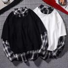 Long-sleeve Plaid Panel Mock Two-piece Top