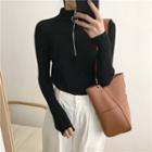 Zip-front Long-sleeve Knit Top Black - One Size