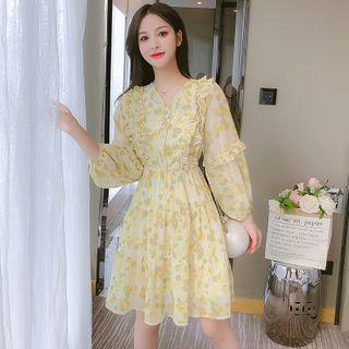 Long-sleeve Floral Print Frill Trim A-line Dress