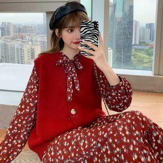 Long-sleeve Tie-neck Floral Print Midi A-line Dress / Button Sweater Vest