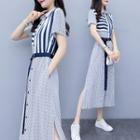 Short-sleeve Striped Belted A-line Midi Shirtdress