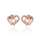 Simple Plated Rose Gold Double Heart Stud Earrings With Austrian Element Crystal Rose Gold - One Size