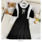 Details Ribbon-accent Colorblock Knit Dress Black - One Size