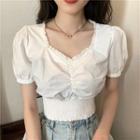 Lace Trim Puff-sleeve Shirred Cropped Blouse