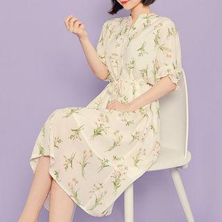Open-placket Floral Print Shirtdress With Sash