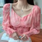 Tie-dyed Lantern-sleeve Chiffon Blouse Cherry Pink - One Size