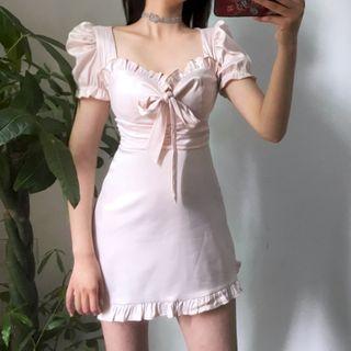 Ruffled Short-sleeve Mini Sheath Dress