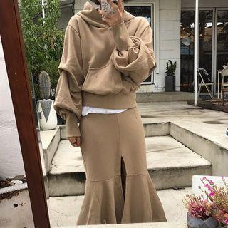 Set: Plain Hooded Pullover + Slit-front Dress