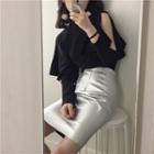 Plain Cutout Long-sleeve Top / High-waist Skirt