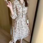 Set: Long Sleeve Floral Print Lace-up Chiffon Dress + V-neck Knit Vest