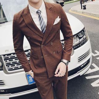 Set: Printed Double-breasted Blazer + Vest + Cropped Dress Pants