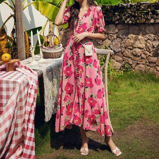 Short-sleeve Flower Chiffon Maxi Dress
