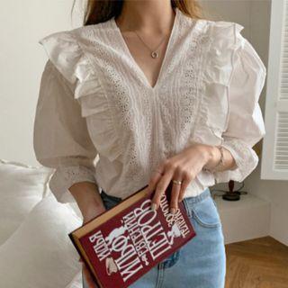 Elbow-sleeve V-neck Ruffle Trim Blouse White - One Size