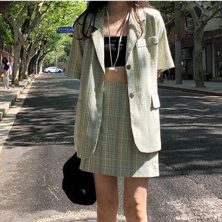 Plaid Short-sleeve Blazer / Shorts